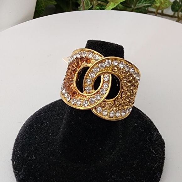 Gold Statement Ring Interlocking Design Crystal Stones - Picture 1 of 8